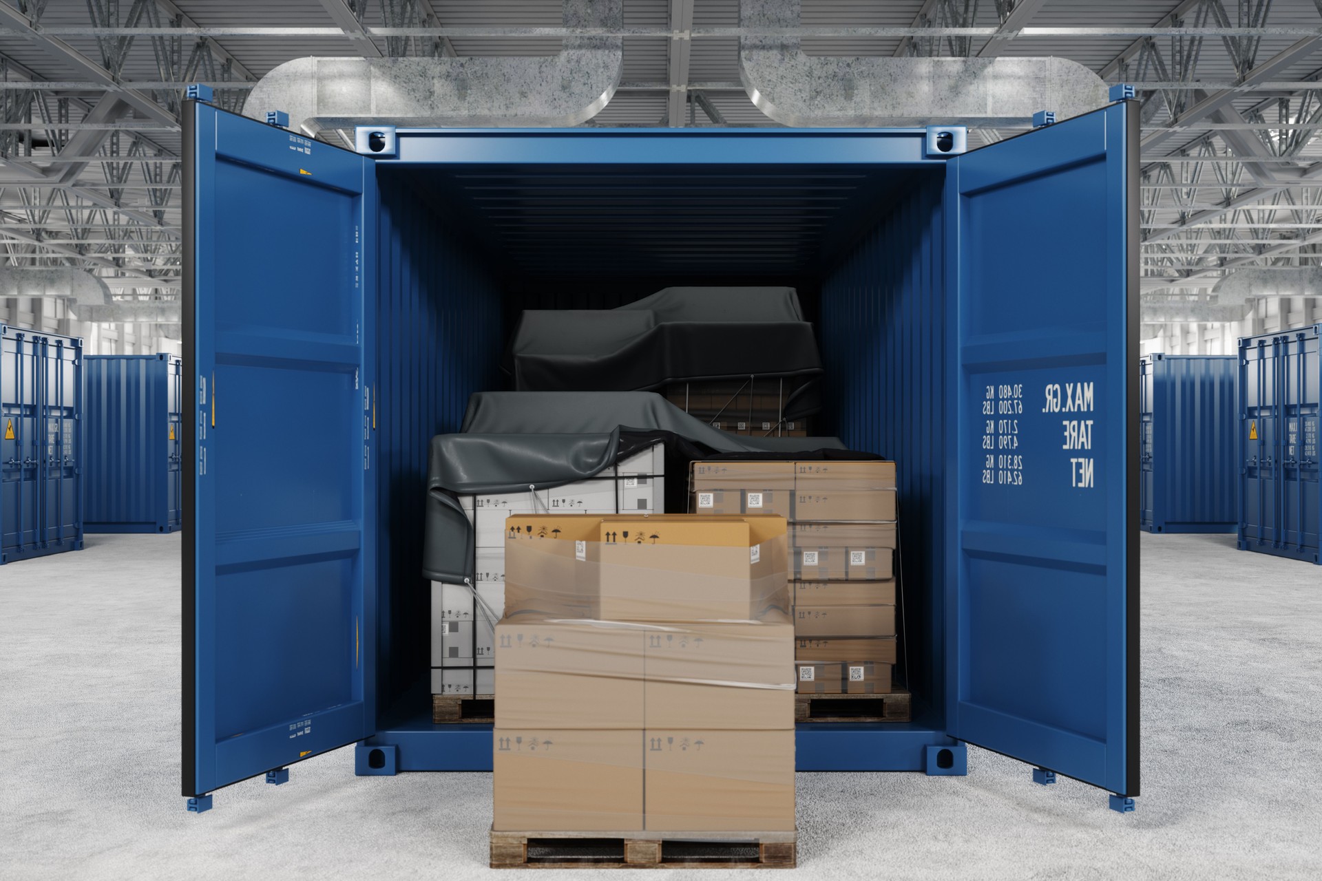 Close-up View Of Open Cargo Container With Cardboard Boxes In Warehouse